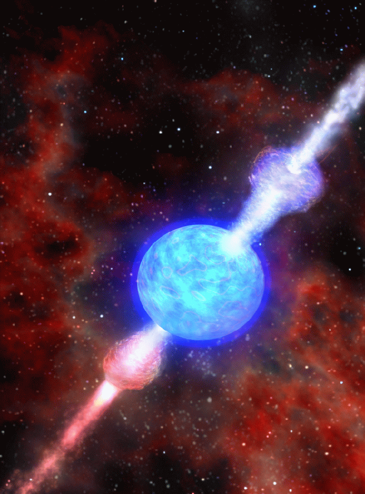 illustrasjonen viser ei blå kule med stråling som er fokusert i ein bunt