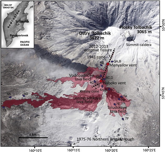 The size and form of the 2012-2013 eruption of Tolbachik (from Belousov et al. 2015). The lava tube entrances are found in the NW part of the Toludskoye lava field. Figure: Belousov et al. 2015