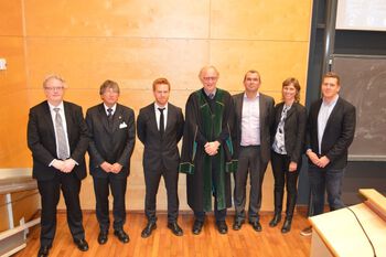 The Ph.d. defense of Eirik J. Solum November 28th 2014. From left: Trond Vidar Hansen, Dieter Schinzer, Eirik J. Solum, Henrik Schultz, Eirik Sundby, Trine G. Halvorsen and Anders Vik