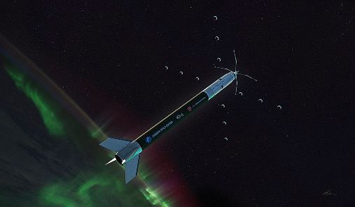 Illustrasjon av ICI-5-raketten som flyr gjennom nordlys