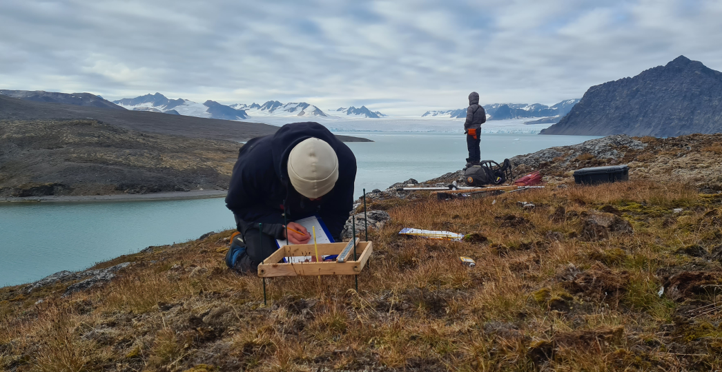 Photo: Point intercept analysis of graminoid dominated tundra by EMERALD PhD Eirik Aasmo Finne and field assistant François Chauvin in Signehamna, Svalbard - 21.07.2020. Photo: Rasmus Erlandsson
