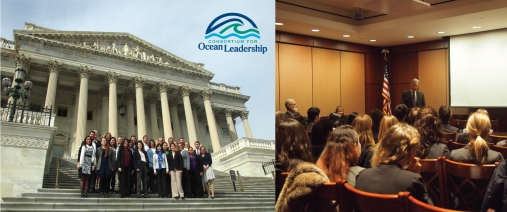 Caption: Left, group photo of the 2015 MGLS participants at Capitol Hill. Right, Senator Whitehouse delivering his speech o MGLS participants. Photo: Charna Meth, Consortium for Ocean Leadership.
