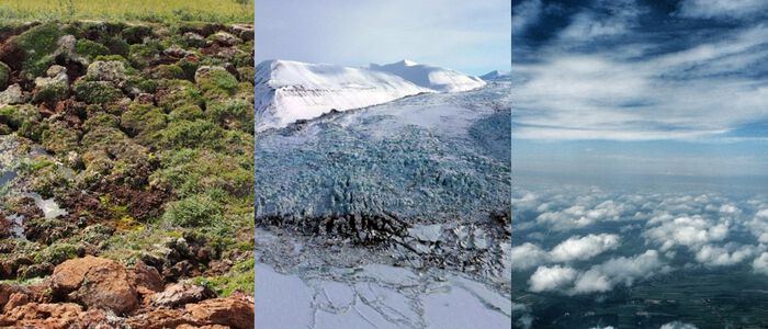Foto: ACT-pilot, foto collage med palsmyr med permafrost, brestrøm og  høye skyene i atmosfæren. Foto (fra venstre): Sebastian Westermann, Erik Schytt Mannerfelt, pxhere 