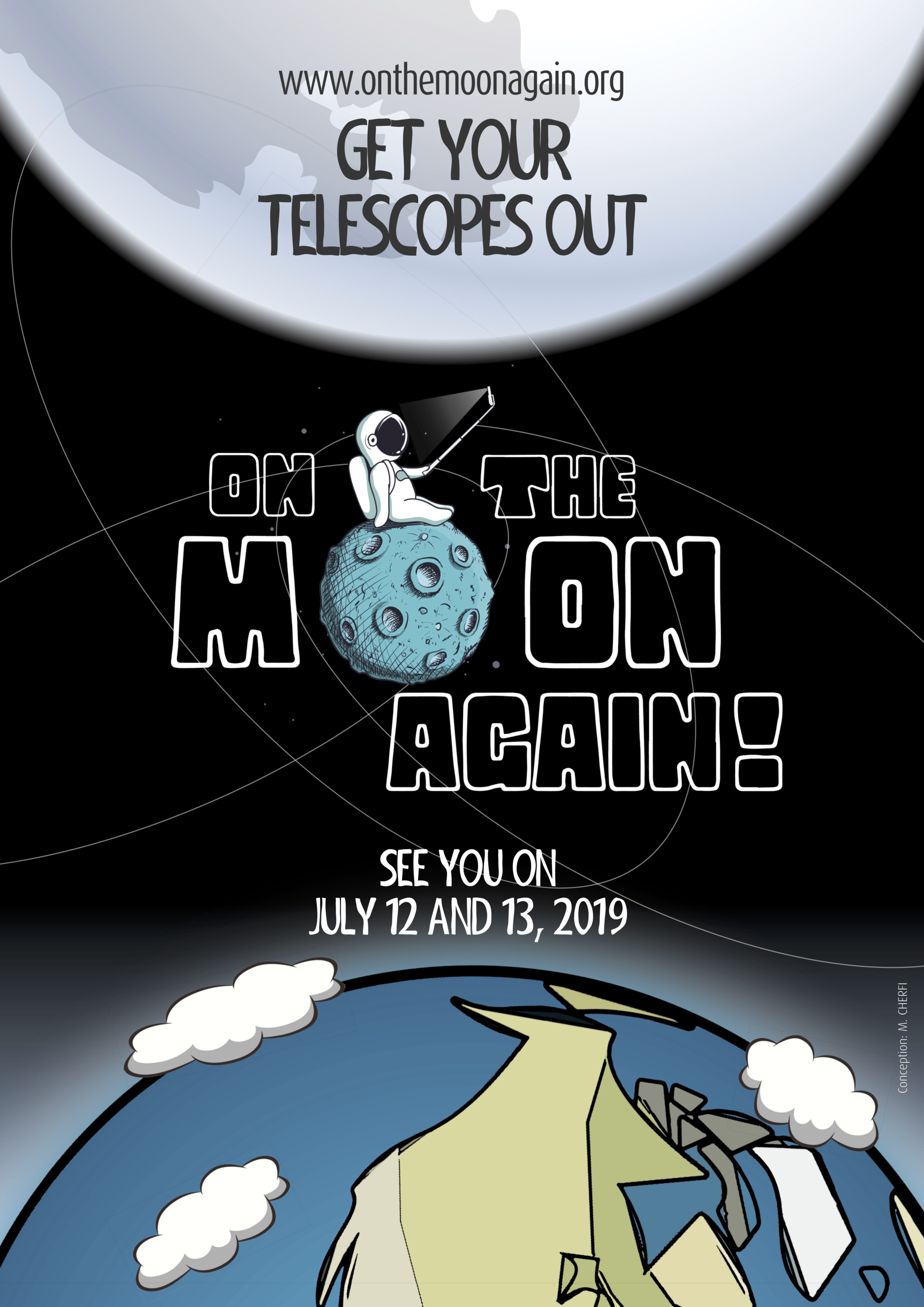 poster of On the Moon Again, with the illustrations of the moon and an astronaut