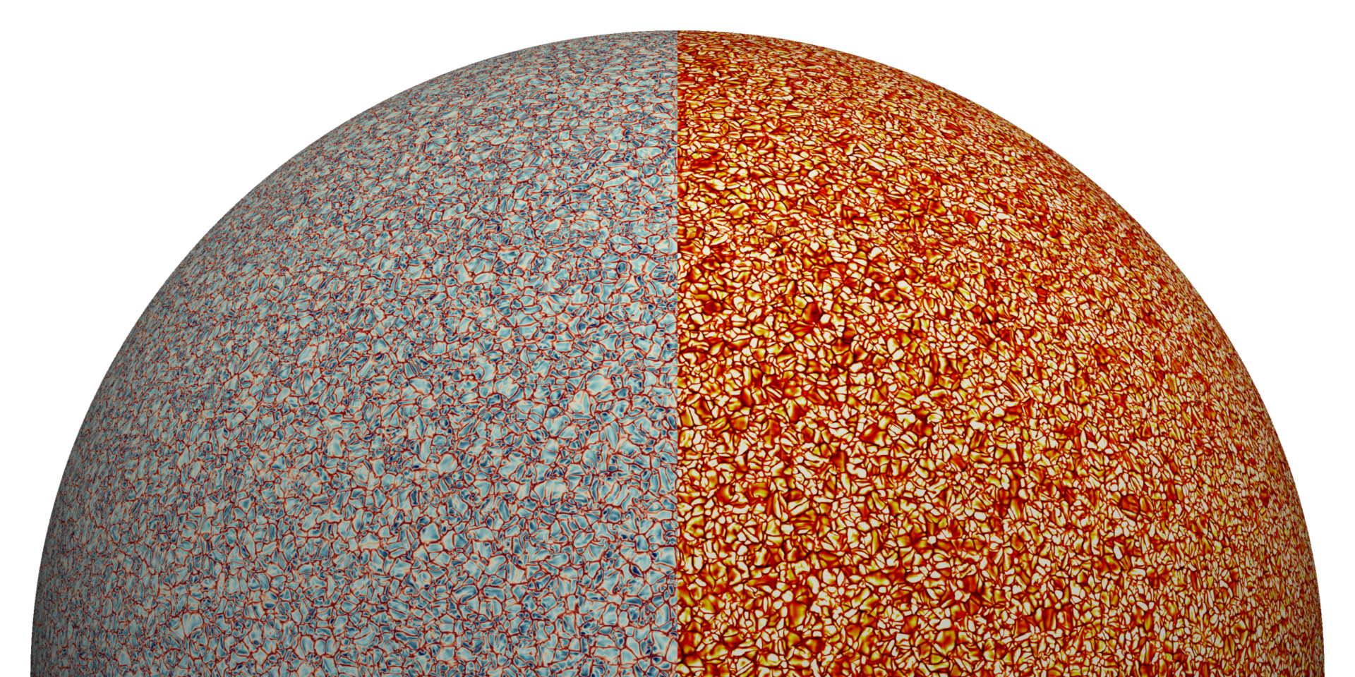 Two sides of the global simulation of the Sun. The left shows the radial velocities, while the right shows the entropy per unit mass at the surface