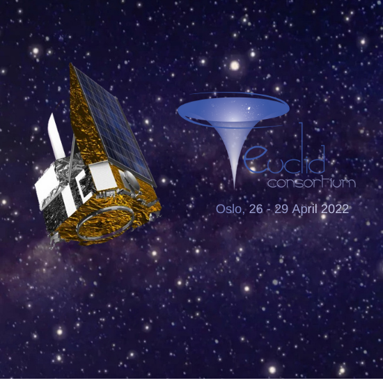 illustration of the Euclid satellite, the milky way galaxy and logo of the Euclid Consortium