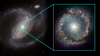 Gas streams outside and within the starburst ring (colorscale) of the spiral galaxy NGC 1097 follow the magnetic field, feeding the supermassive black hole with matter from the galaxy.