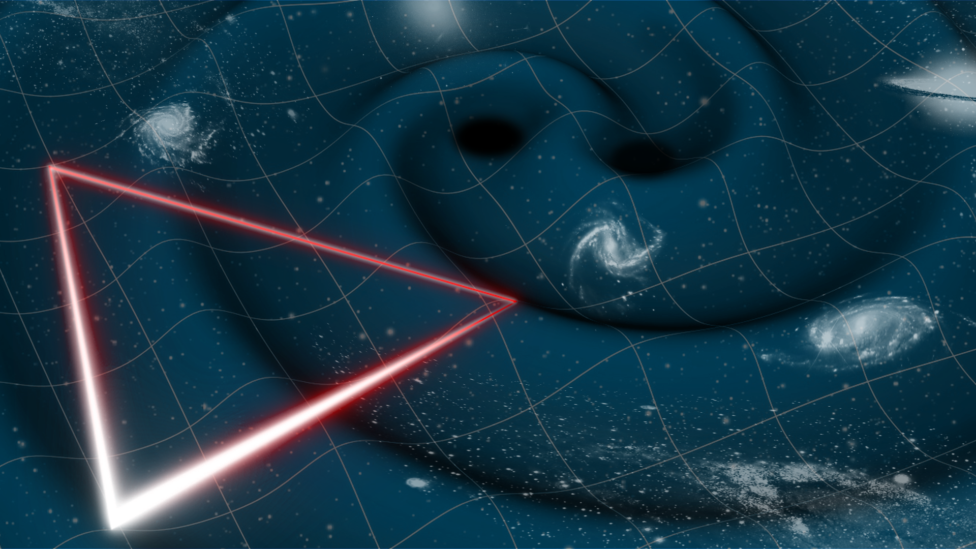 artistic illustration of LISA space mission, a triangular red light in a curved space