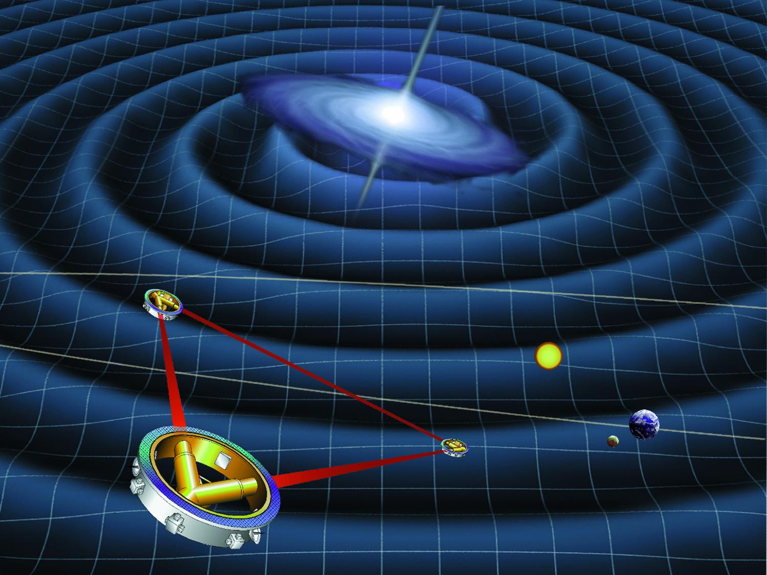 illustration of three spacecrafts connected by red laser beams orbiting the sun in space with ripples