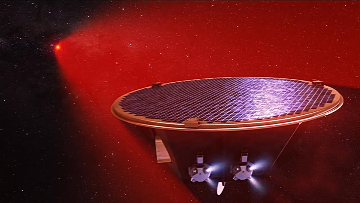 spacecraft in space, red laser beam