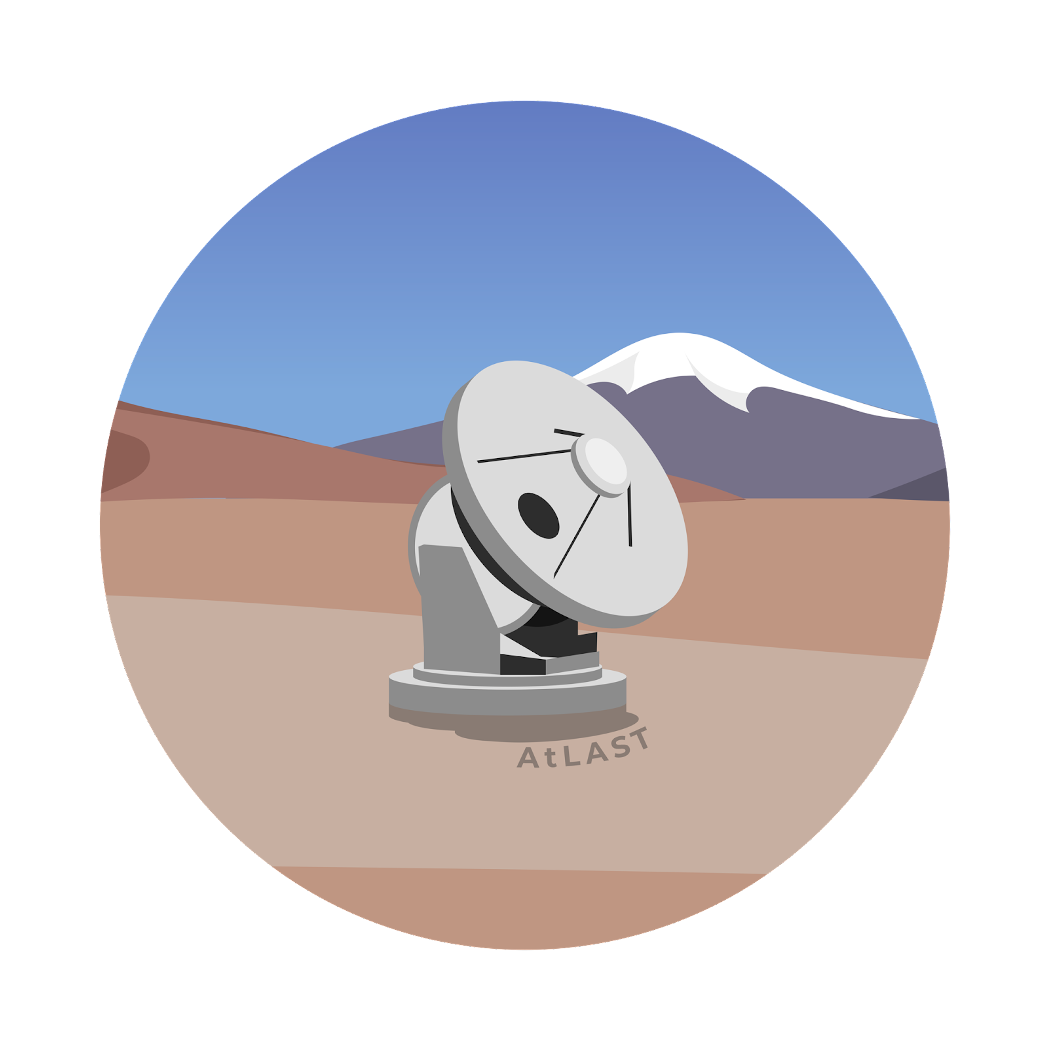 carton of a big radio antenna on a hill in the Atacama desert