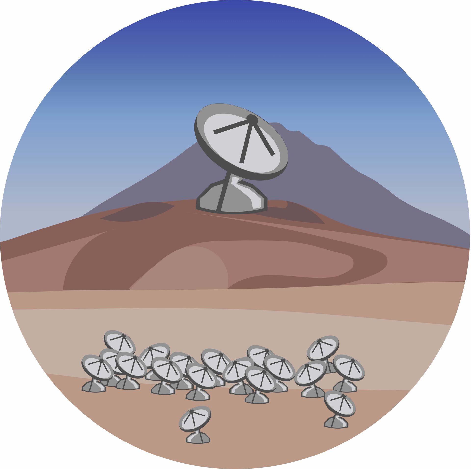 Cartoon of a big telescope in the Atacama desert near ALMA