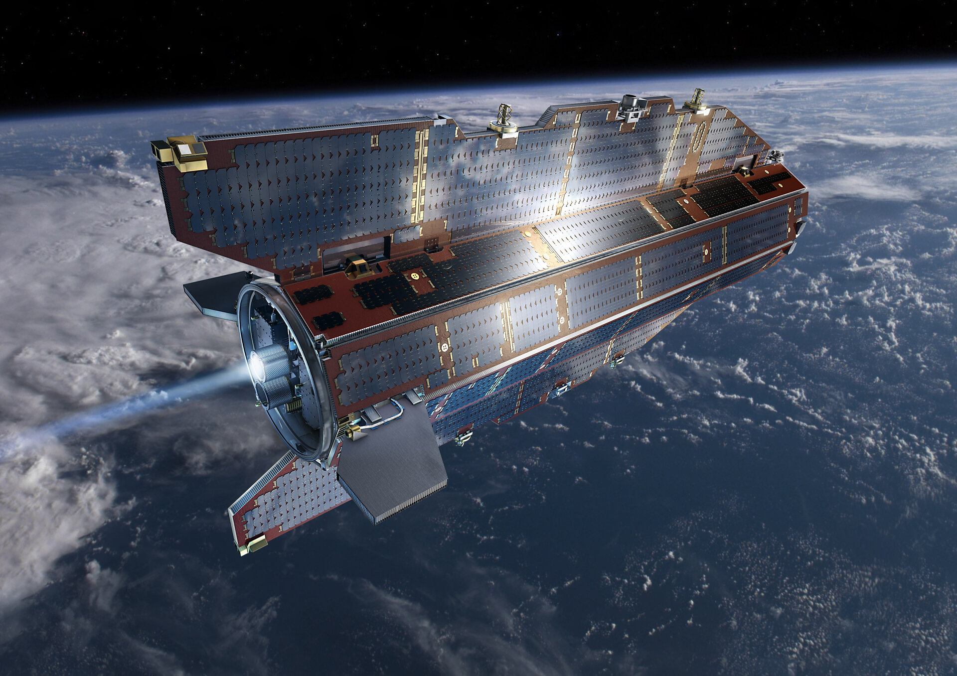 Illustrasjon av ein romsatellitt i bane rundt jorda