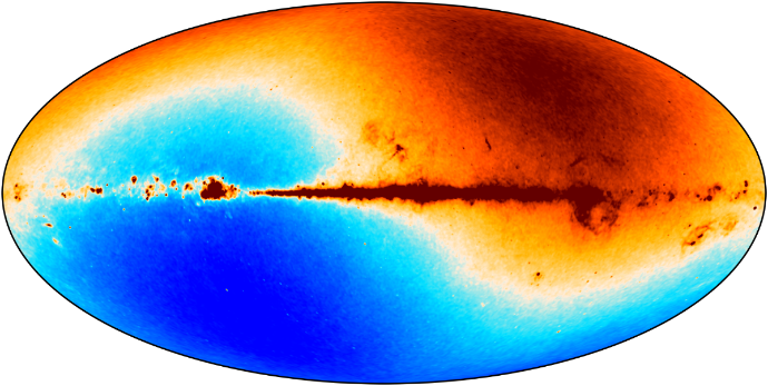 Figur 3: Mikrobølgestråling observert av Planck-satellitten som skygger for bakgrunnsstrålingen, såkalte «forgrunnseffekter».&amp;#160;Grafikk: BeyondPlanck