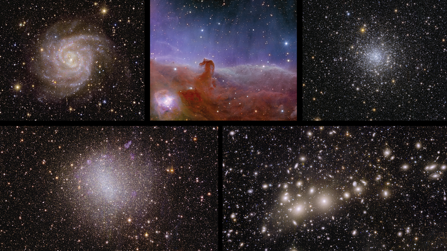Bildecollage av 5 bilder av galakser, stjernehopper tatt med euclid satellitt