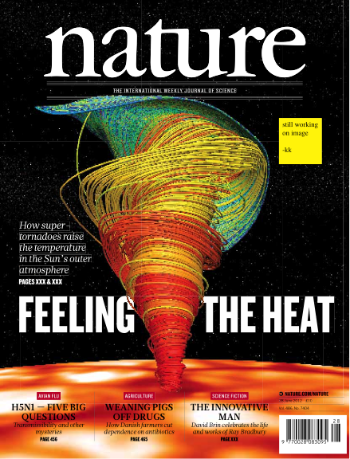 Framsida av utgåva av tidsskriftet Nature som viser tornadoar på sola