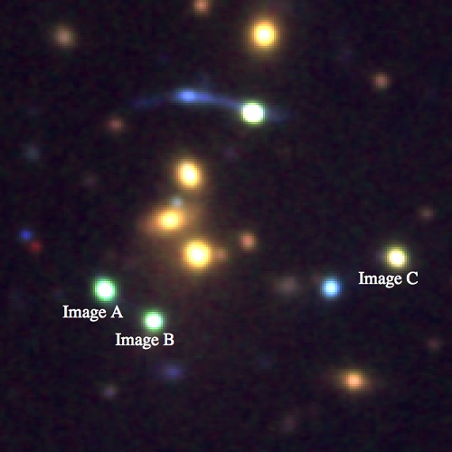Den linsete kvasaren med tre bilder markert A-C