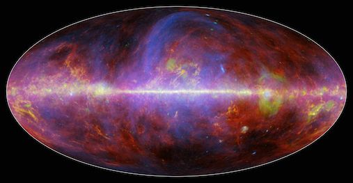 Et portrett av vår egen Melkevei-galakse som viser gass, ladete partikler og flere ulike typer støv. Klikk her for et større bilde.
Bilde:&amp;#160;ESA/NASA/JPL-Caltech
&amp;#160;