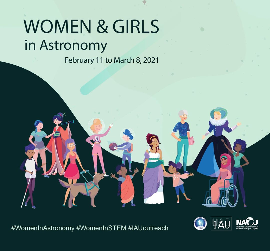 The poster and banner display the title"Women & Girls in Astronomy" and the IAU100 logo. The graphics depict a gathering of children and adults listening to the wisdom of ancient and contemporary women in astronomy and space science from around the world.