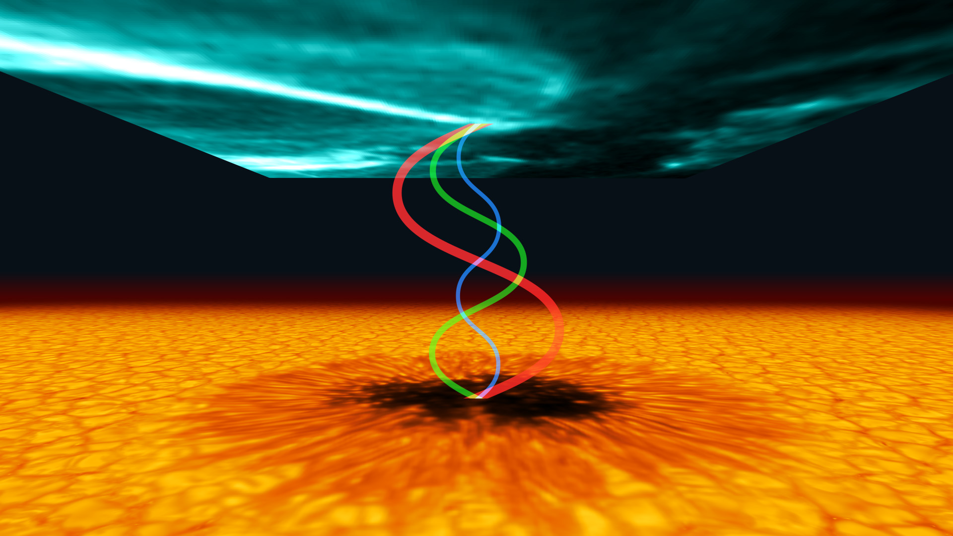 kunstillustrasjon av en solflekk med bølger som kommer ut fra den.