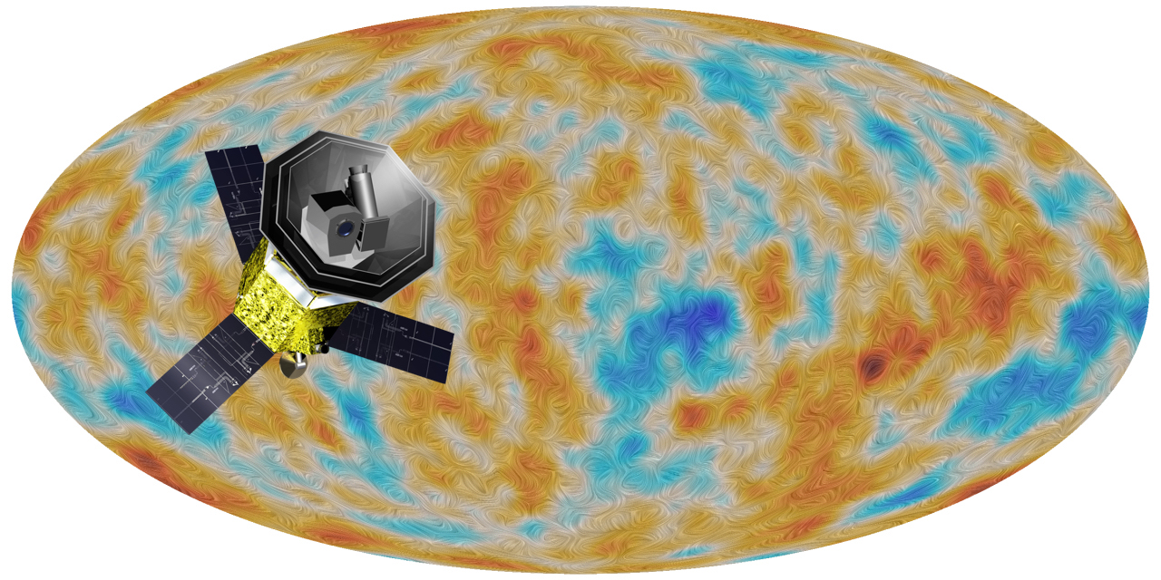 Photo collage of satellite and the map of the universe