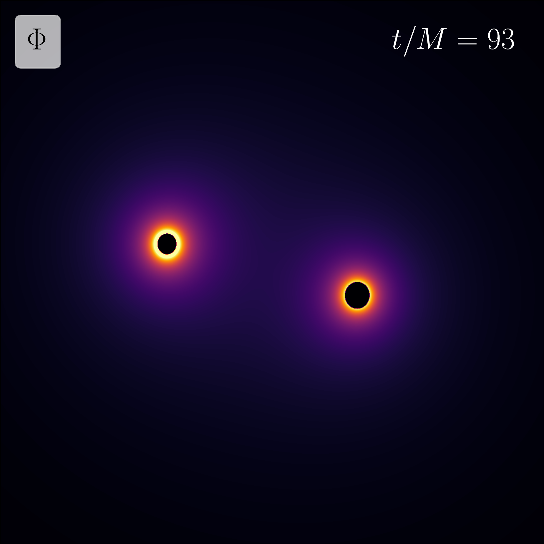 Simulation showing two equal mass black holes spiriling around each other
