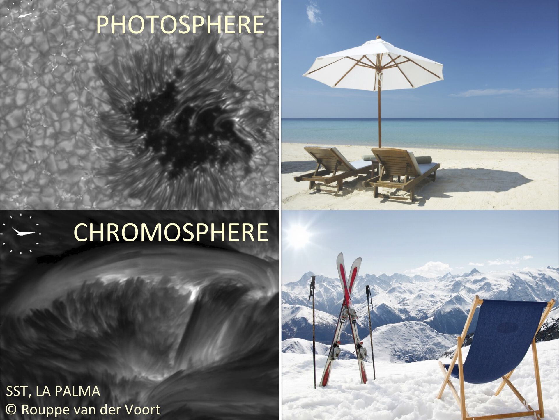 image collage of sun spot, seaside and snow mountain