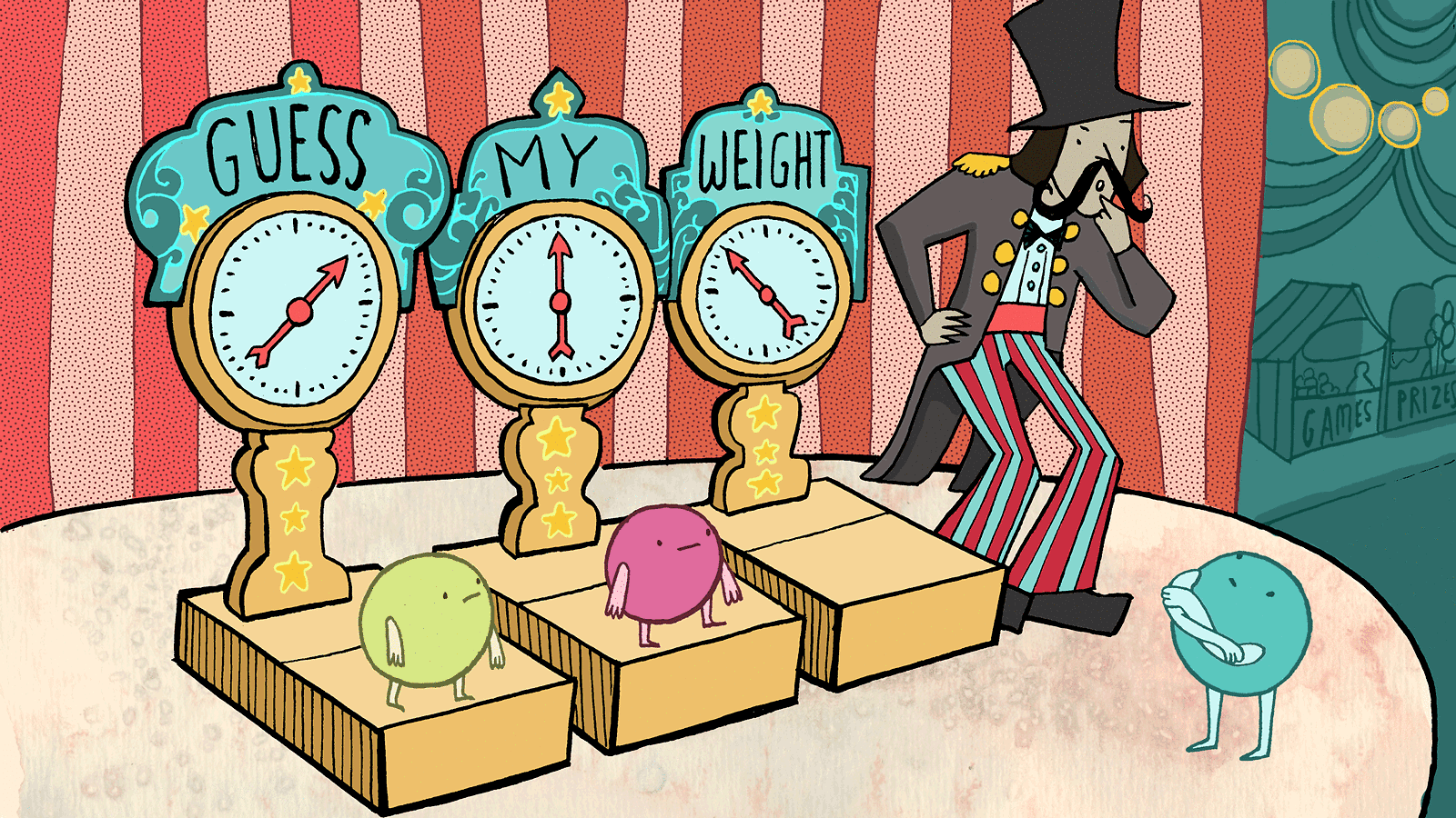 cartoon showing three scales