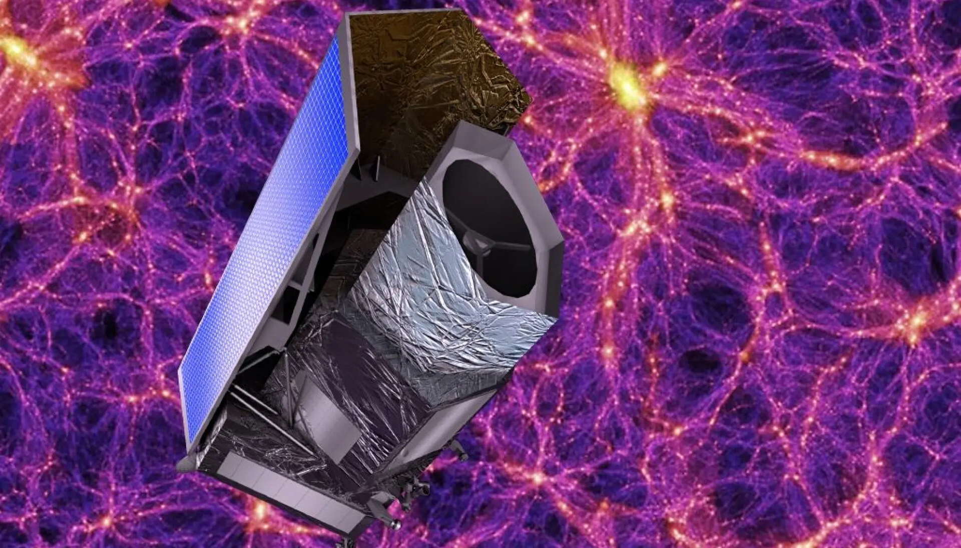 illustrasjon av euclid romteleskopet foran en kosmisk webb.