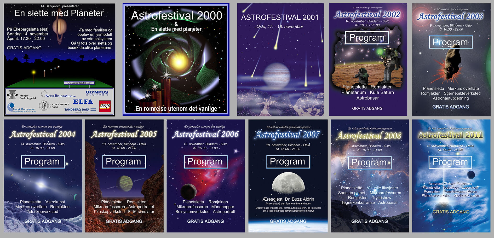 Front covers of Astrofestival’s program booklets over the years.