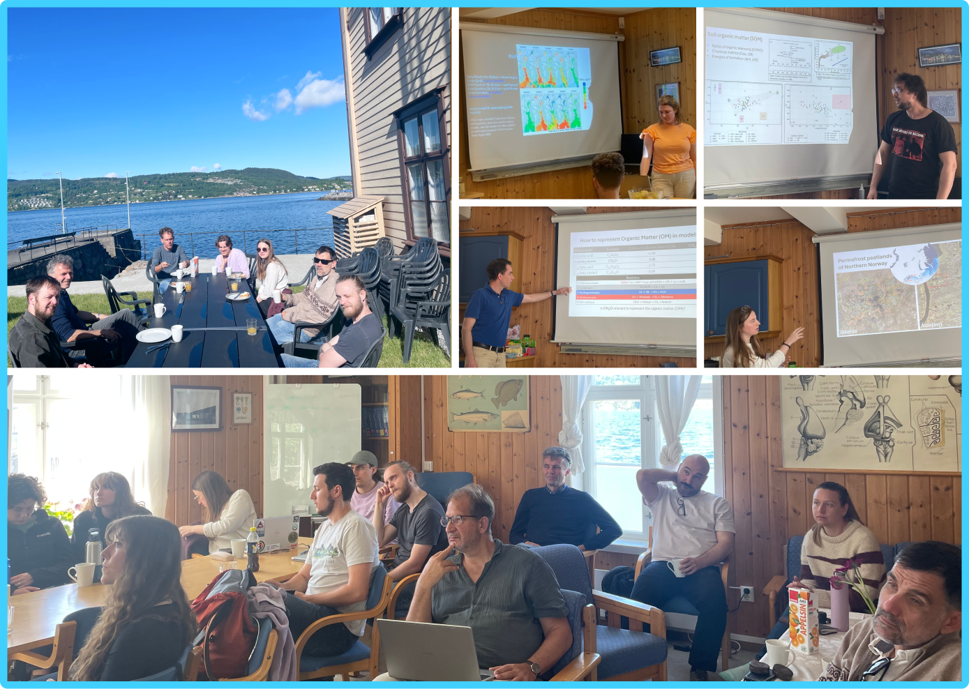 6 separate photos of varying sizes showing 4 different CBA members speaking, a group listening attentively, and another group enjoying a seaside coffee together.