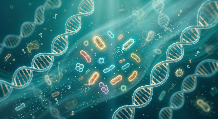 A conceptual image of microbes and dna floating in background, with flow lines indicating the passage of time
