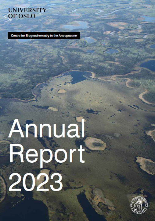 Cover of the annual report 2023: Aerial landscape photo of a wetland area with small lakes.