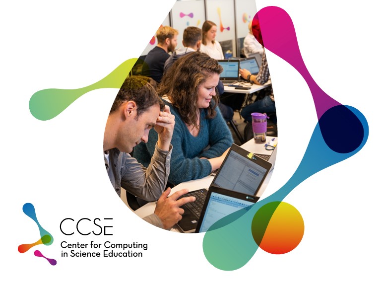 Fargerike bobler som overlapper, studenter som snakker sammen, logo for CCSE