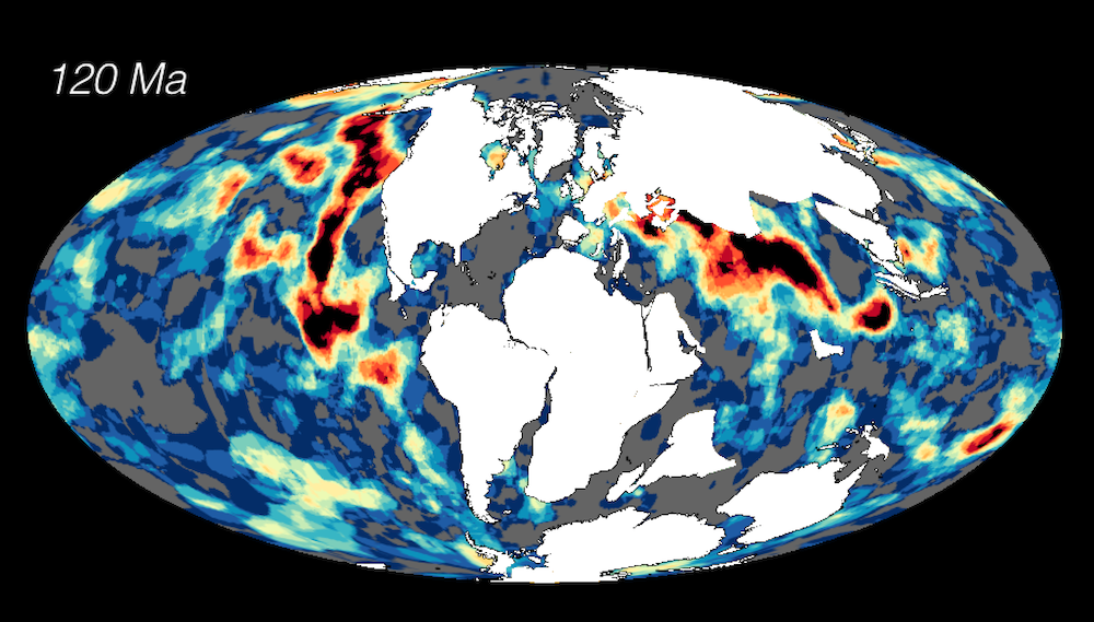 Figure: Slab “vote map” at 1400 km depth overlain with position of continents at 120 Million years ago (Ma). The red-black regions show the most robust slabs (high vote count), perhaps linked to the subduction of oceans occurring at this time and blues showing the least robust (low vote count) slab locations.