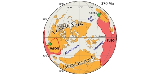 The globe shows a reconstruction of the continents in Late Devonian where Laurussia (including North America, Greenland, Scandinavia & England) was separated from Gondwana (South America) by the Rheic Ocean, and Siberia by the Ægir Sea. These continents are positioned in latitude from paleomagnetic data but their longitude is calibrated in such a way that kimberlites (green circles) fall directly above the plume generation zones in the deep mantle. Figure: T.H. Torsvik/CEED.