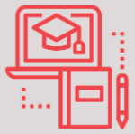 Icon showing a laptop, which screen is displaying a graduation cap, and a notebook and pen