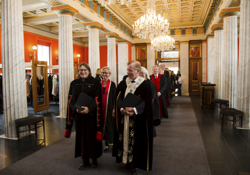 Akademisk prosesjon under årsfesten i 2015 i Domus Media/Aulaen i Oslo sentrum. Foto: Yngve Vogt, UiO