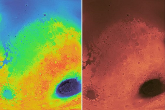 Disse to bildene viser samme utsnitt av topografien på planeten Mars`s overflaten. Illustrasjoner: Fabio Crameri/UiO