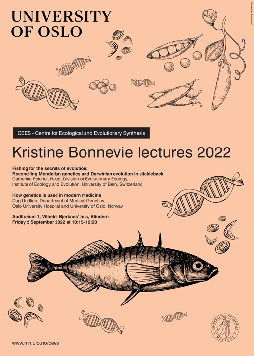 The poster for the Kristine Bonnevie lectures 2022, showing a stickleback and DNA-doublehelixes