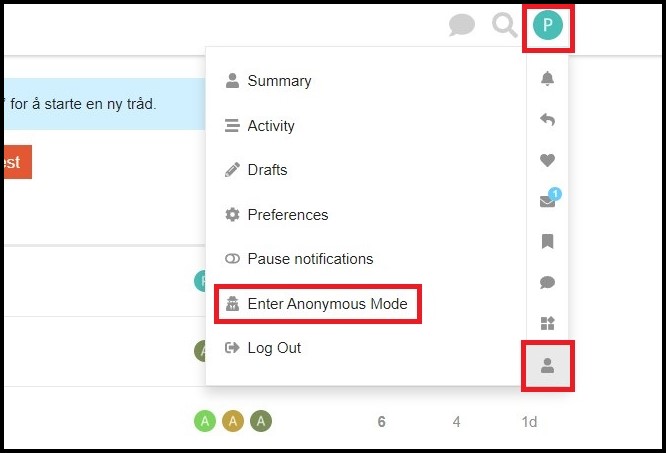 Three steps on how to enter anonymous mode from the user drop-down menu.