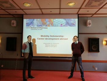 Marius and Alexander sharing their experience from applying and receiving Mobility Scholarship from the Norwegian research council. This was presented at the Norwegian PhD School of Pharmacy gathering in Holmenfjord Hotell in Asker, June 21st, 2017.
Left: Marius (LIPCHEM-group), Right: Alexander (SYNFAS-group)