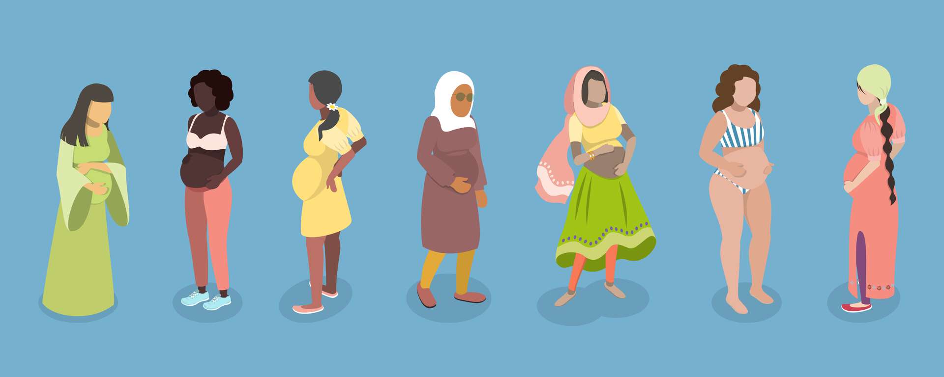 Illustration of 7 pregnant women of various ethnic/cultural backgrounds