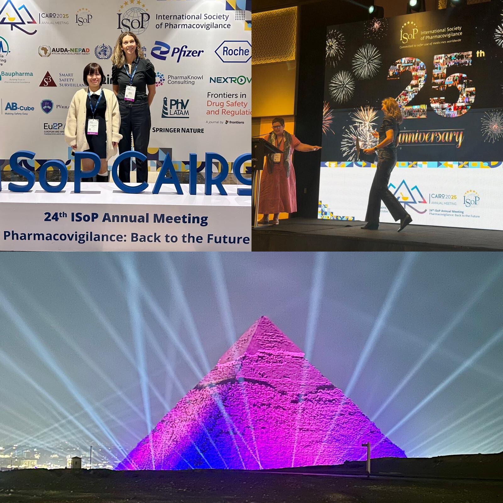 Photo Collage of Nhung and Hedvig at conference, on stage, and the egyptian pyramids.