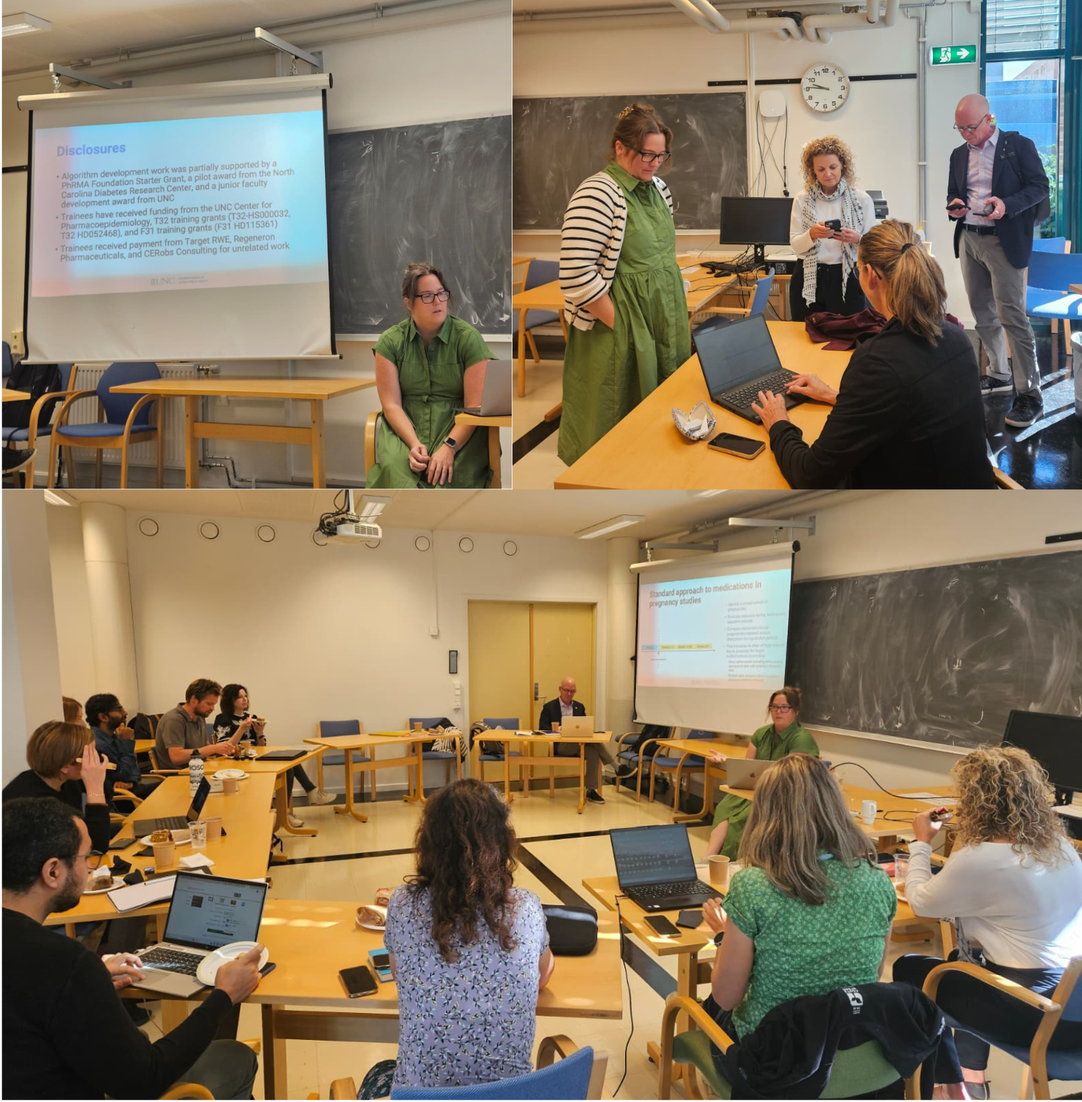 Collage of guests discussing and presenting at meeting. 