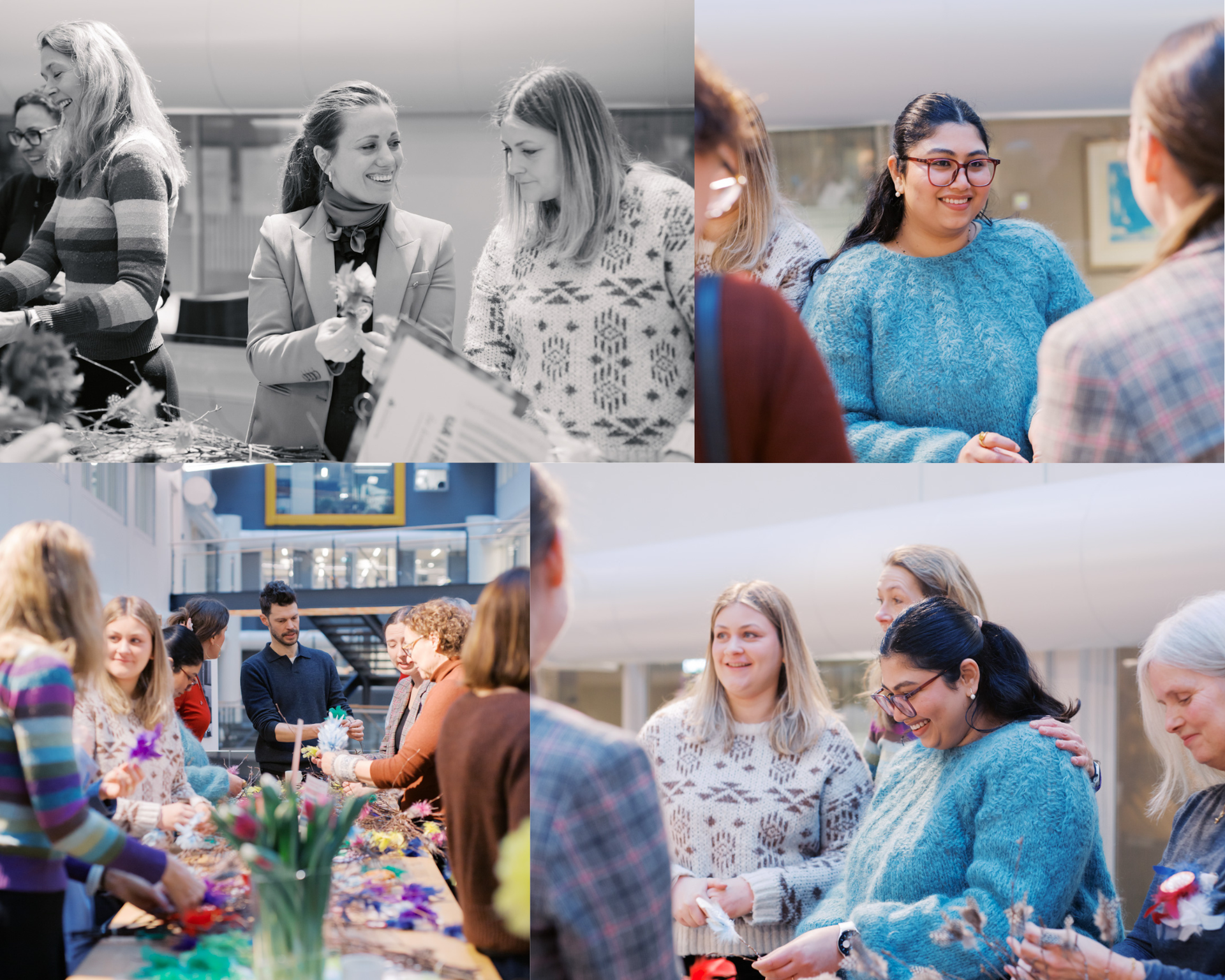 A collage of scenes from a fastelavnsris workshop, showing participants gathered around tables decorating colorful branches with feathers and craft materials. Some individuals are talking together, examining decorations, and engaging in the creative process in a bright indoor setting.