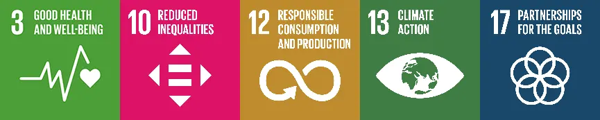 Sustainability goal 3: Good health and well-being. Sustainability goal 10: Reduced inequalities. Sustainability goal 12: Responsible comsumption and production. Sustainability goal 13: Climate action. Sustainability goal 17: Partnerships for the goals
