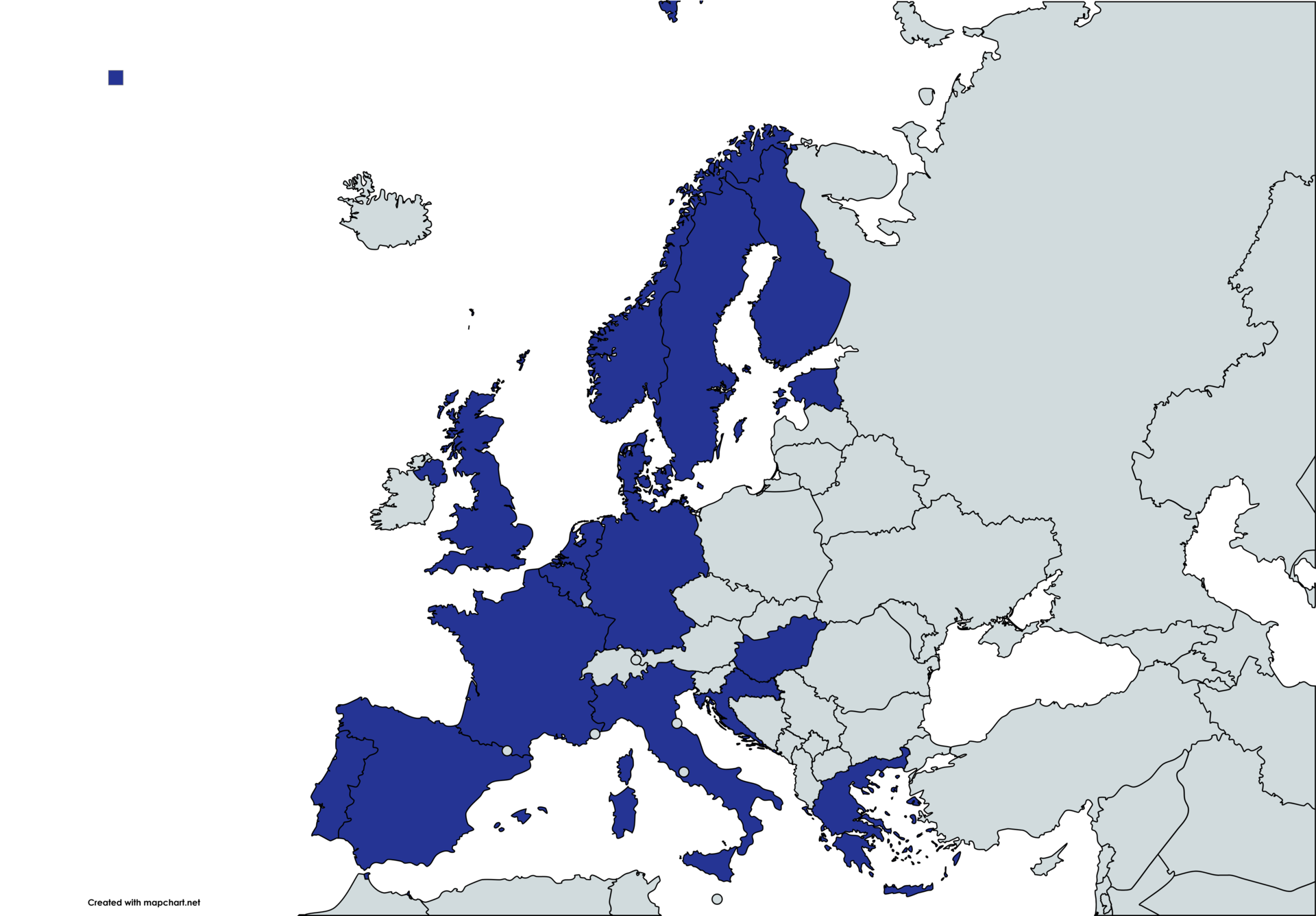 Map of Europe with the following countries marked in a darker colour: Portual, Spain, France, Belgium, The Netherlands, Germany, U.K., Italy, Greece, Hungary, Croatia, Estonia, Finland, Sweden, Denmark, Norway.