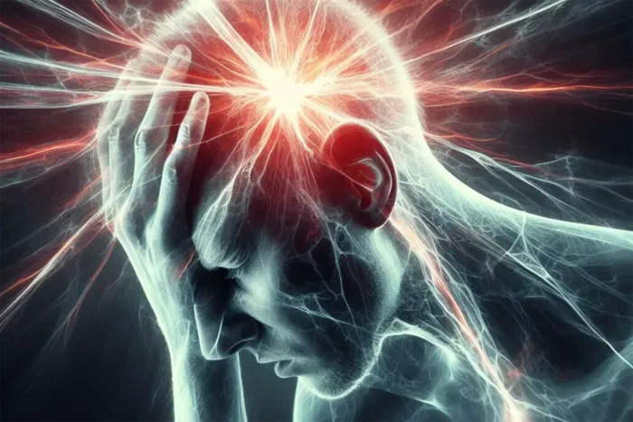 KI-generert illustrasjon av silhuett av hovud med smertefulle strålingar frå hjernen