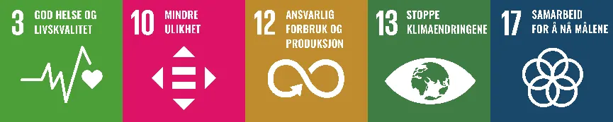 Bærekfaftmål 3: God helse og livskvalitet. Bærekraftmål 10: Mindre ulikhet. Bærekraftmål 12: Ansvarlig forbruk og produksjon. Bærekraftmål 13: Stoppe klimaendringen. Bærekraftmål 17: Samarbeid for å nå målene